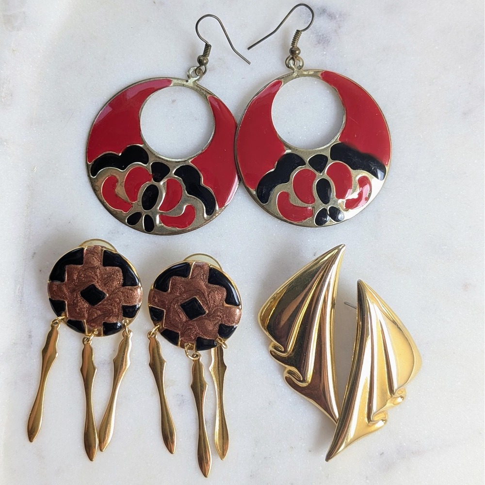 Vintage Large Brass Earrings Lot Retro 80s 90s
